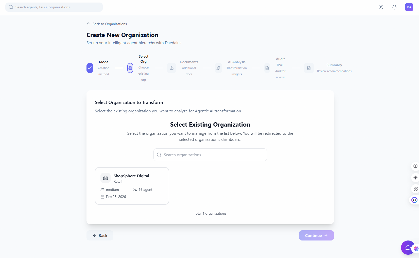 Select Existing Organization